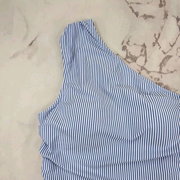 J Crew Swim 12 Blue One Piece Shoulder Ruched Bikini Full Coverage Seersucker - Picture 2 of 9